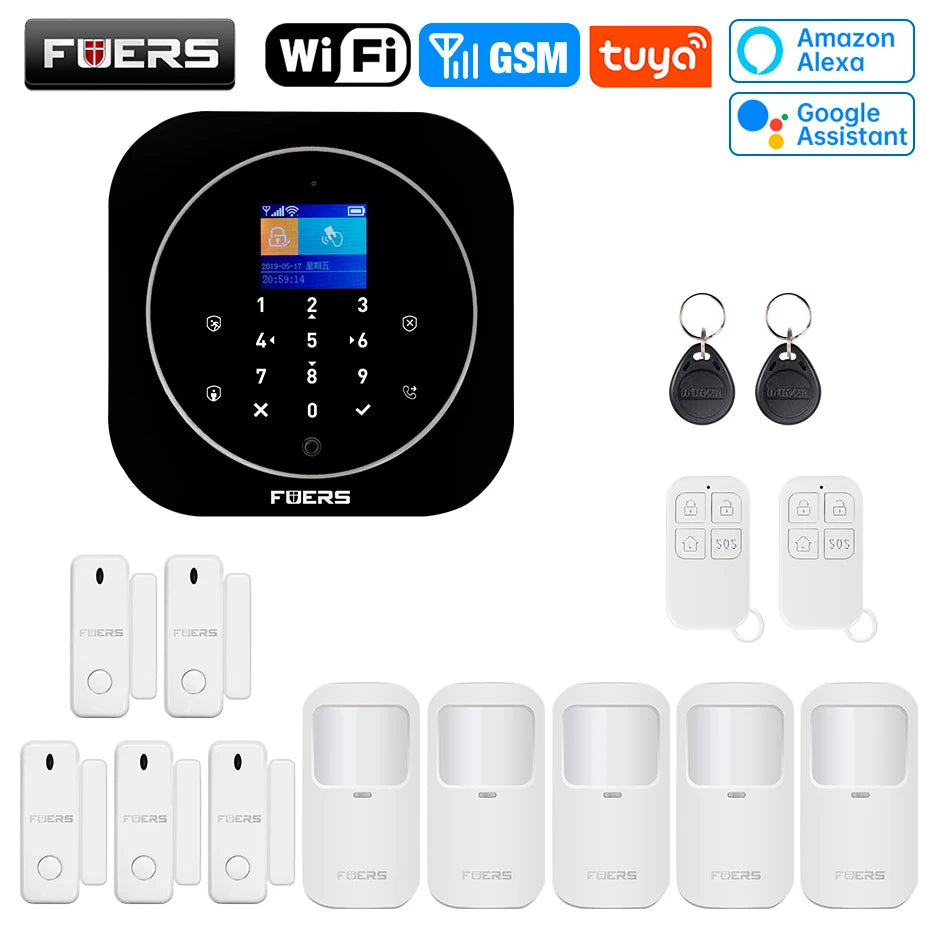 FUERS G12 Tuya WiFi GSM système d'alarme de sécurité sans fil maison affaires alarme antivol avec sirène RFID détecteur de mouvement capteur de fumée