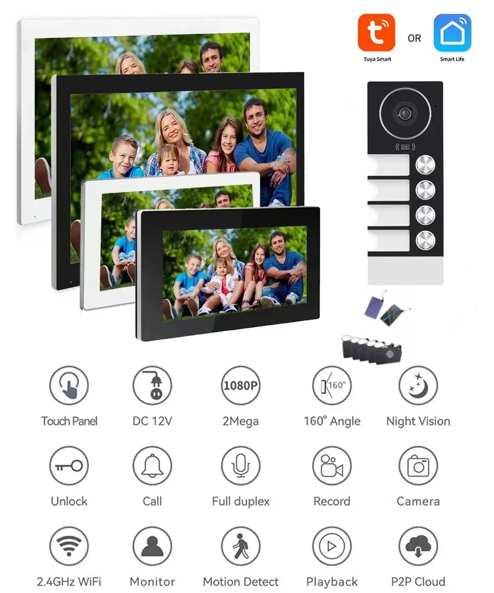 TUYA-Visiophone Multifamilial avec Écran de 3/4 Pouces, Kit d'Interphone Vidéo, Wifi, Moniteur, Cloche de Porte, Déverrouillage de Carte, Appartement, 2/7/10