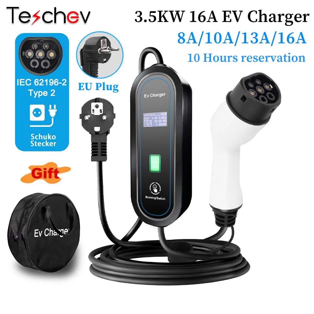Teschev 3.5KW chargeur EV Portable Type 1 J1772 16A câble de charge GBT Wallbox EVSE Type 2 Stations de charge pour véhicule électrique