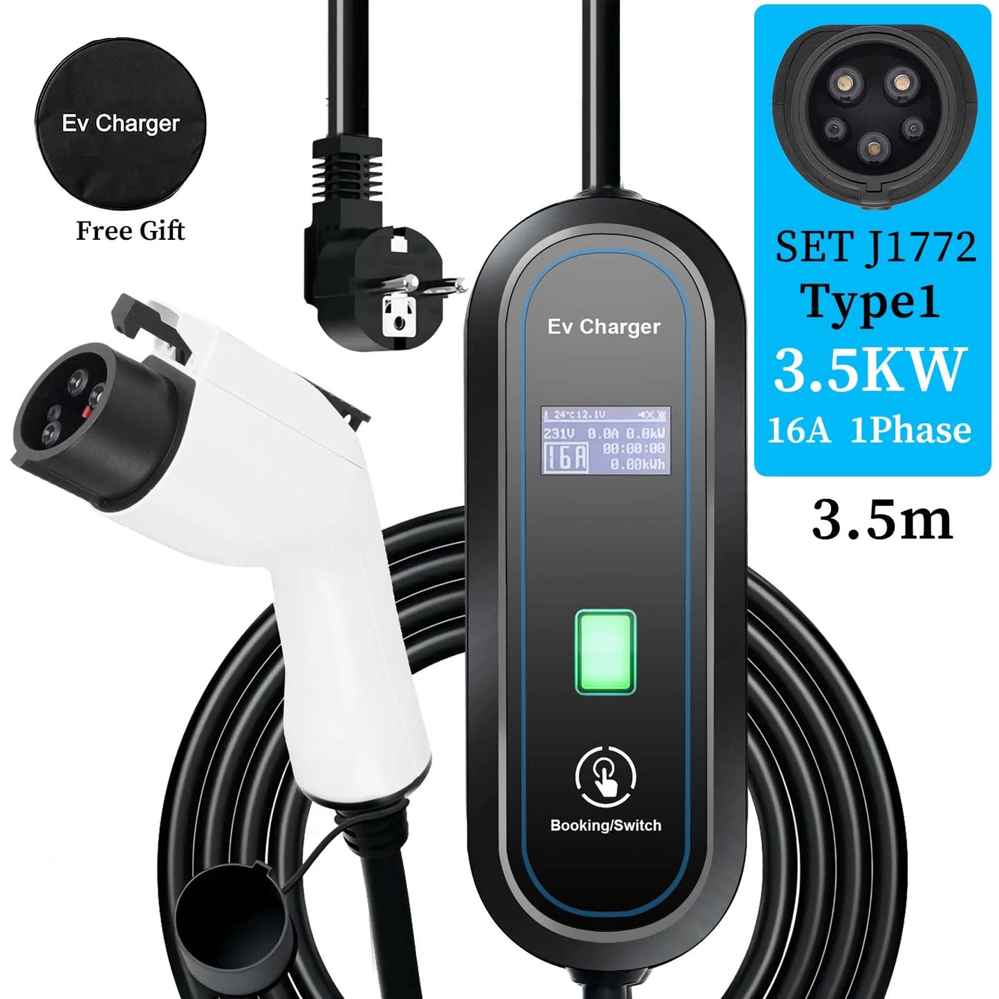 Teschev chargeur EV Portable 220V 3.5KW J1772 Type 1 IEC62196-2 Type 2 chargeur 16A chargeur à courant réglable pour voiture électrique