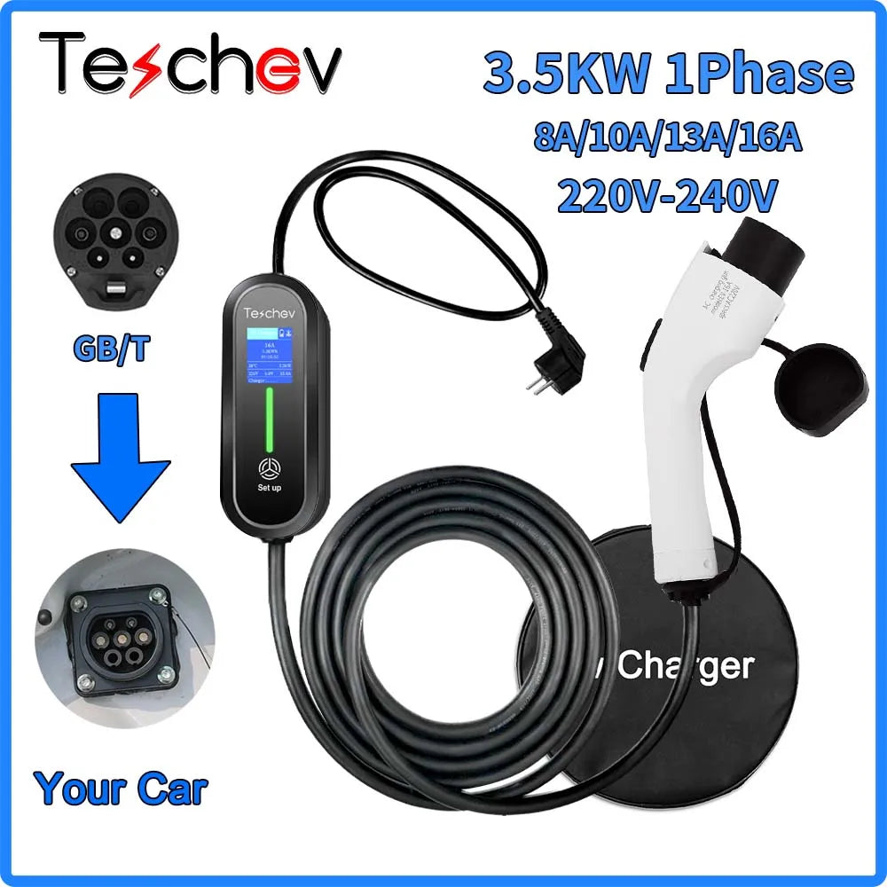 Teschev 3.5KW chargeur EV Portable Type 1 J1772 16A câble de charge GBT Wallbox EVSE Type 2 Stations de charge pour véhicule électrique