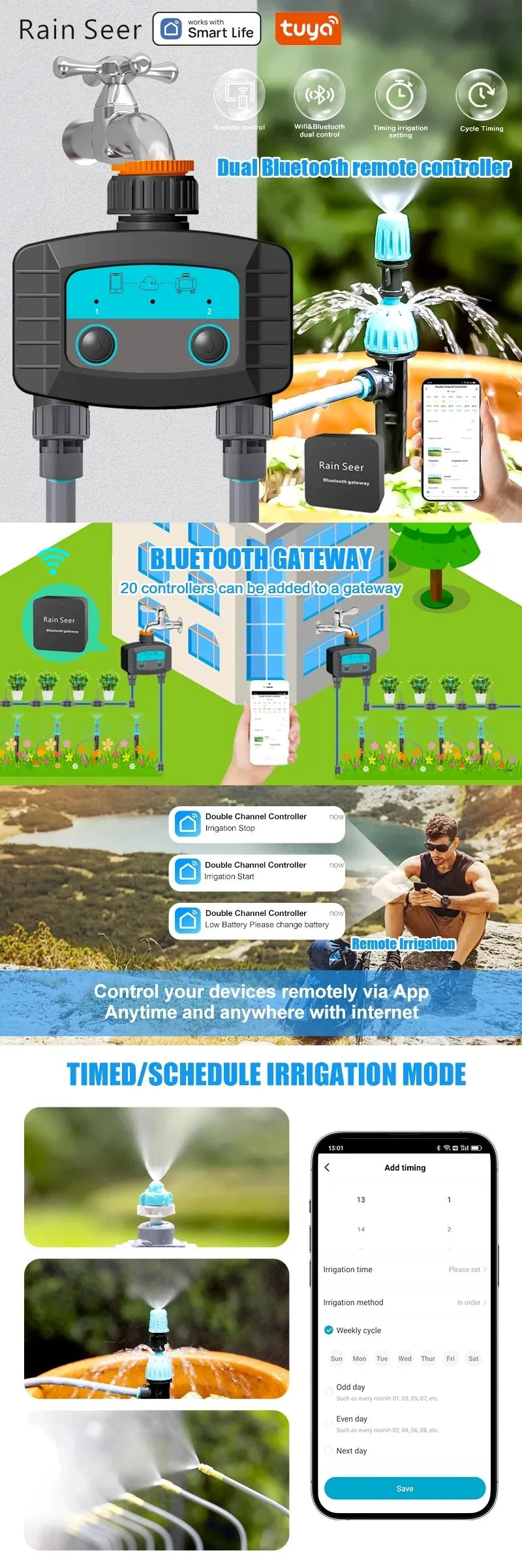 Minuterie d'arrosage intelligente, minuterie d'eau bidirectionnelle, WiFi, Bluetooth, d'argile de jardin, électrovanne intelligente, télécommande de téléphone sans fil