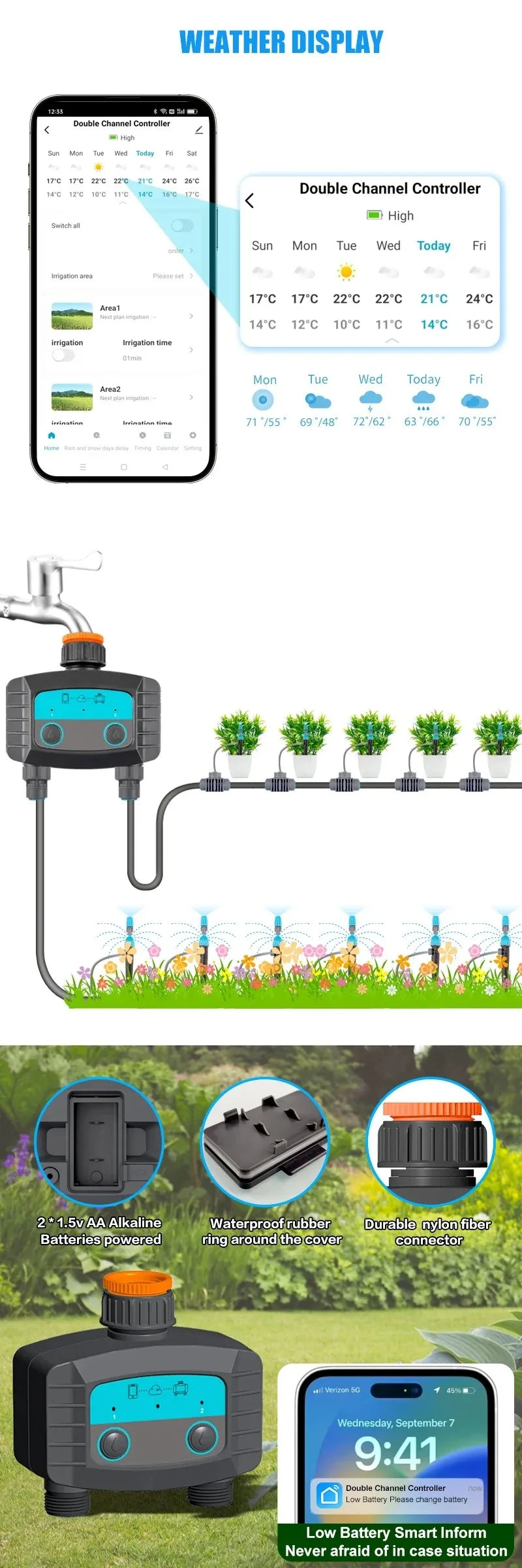 Minuterie d'arrosage intelligente, minuterie d'eau bidirectionnelle, WiFi, Bluetooth, d'argile de jardin, électrovanne intelligente, télécommande de téléphone sans fil