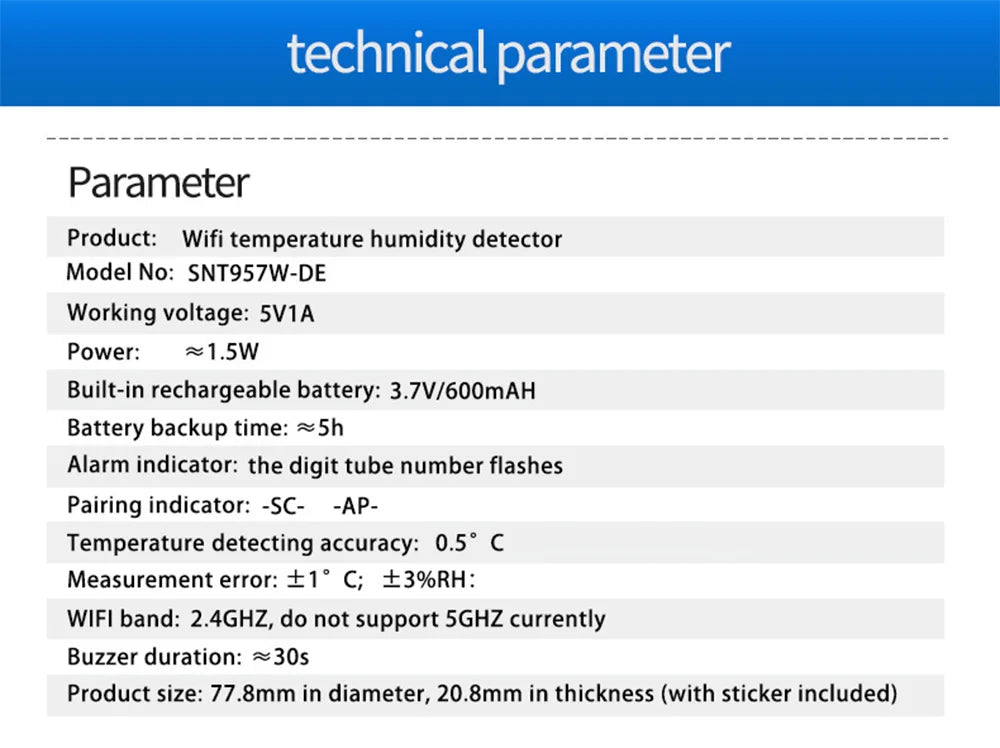 Haozee Tuya Thermomètre WIFI intelligent avec sonde de température externe Charge USB ou batterie rechargeable
