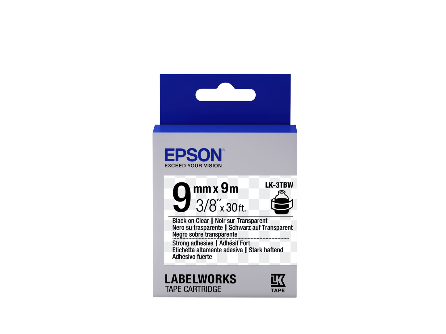 Epson LK-3TBW - Adhésif Fort - Noir sur Transparent - 9mmx9m