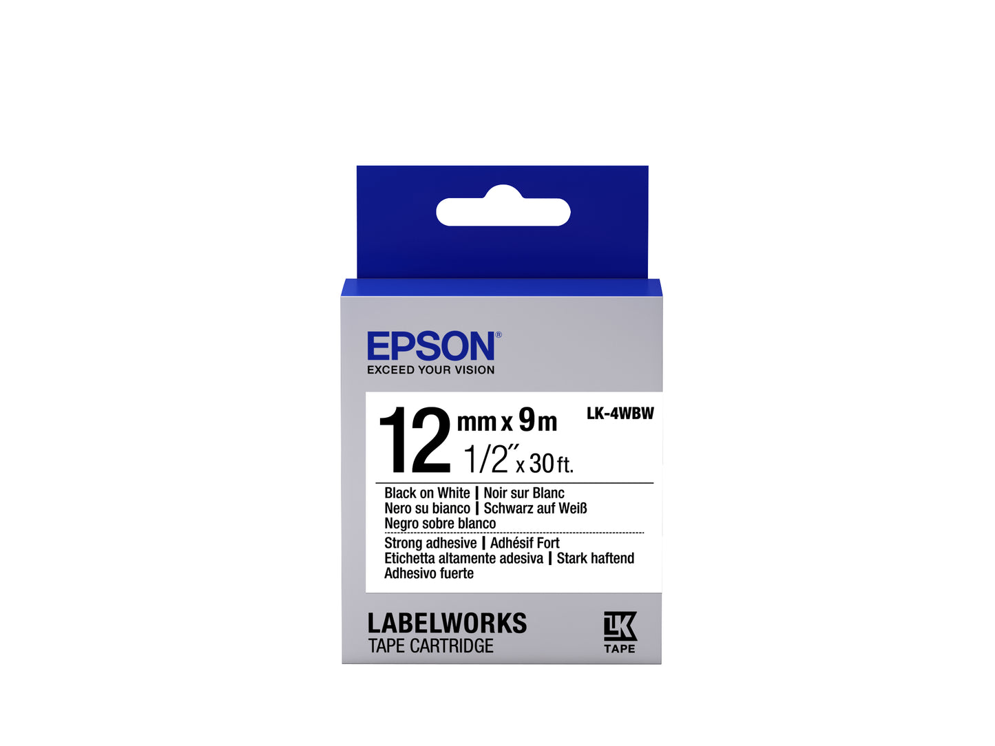 Epson LK-4WBW - Adhésif Fort - Noir sur Blanc - 12mmx9m
