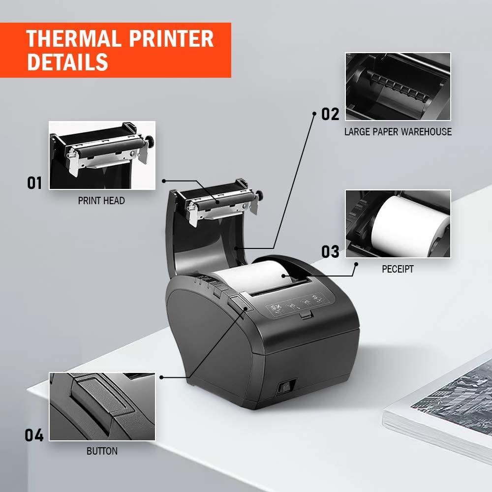 MUNBYN 80mm USB Thermal Receipt Printer, Paper Cutting Function, POS Printer Ticket Ethernet, Supermarket Kitchen Posde for Windows/Mac/Linux, Command ESC/POS, Black