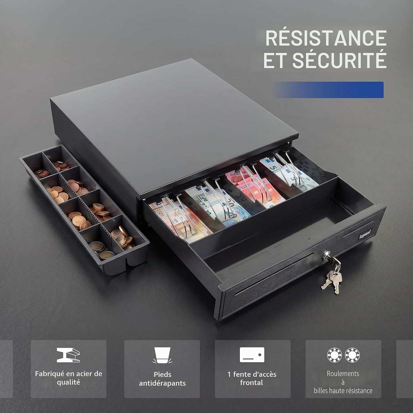 iggual IRON-20 cash tray, manual or automatic cash register RJ11 (12 V), compartment x4 banknotes and 8 pieces, 3-position lock lock, 42 x 40.5 x 10 cm, case made of