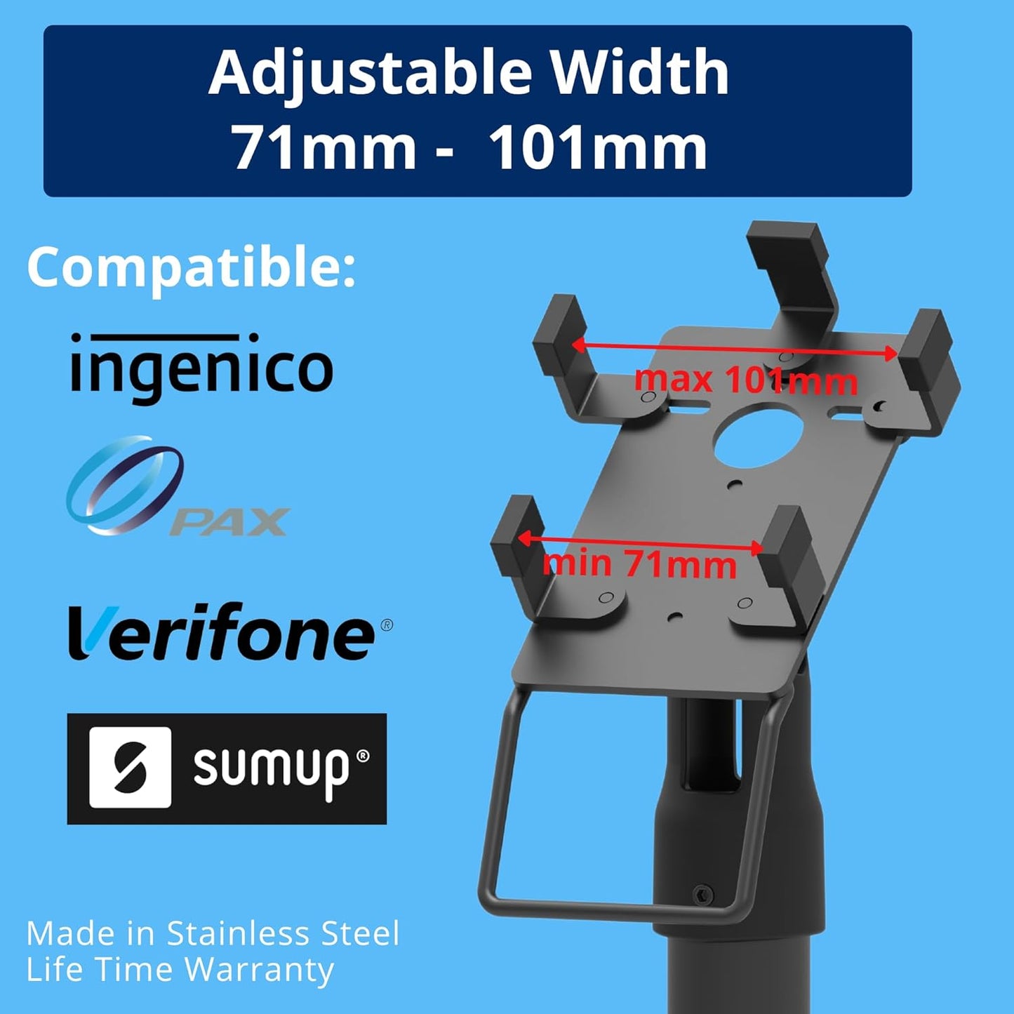 Support Ergonomique pour Terminal de Paiement POS de Comptoir - Support de Terminal de Paiement avec Poignée, Rotation à 180°, Inclinaison à 45°,Montage pour Vis ou Adhésive (UNIVERSEL)