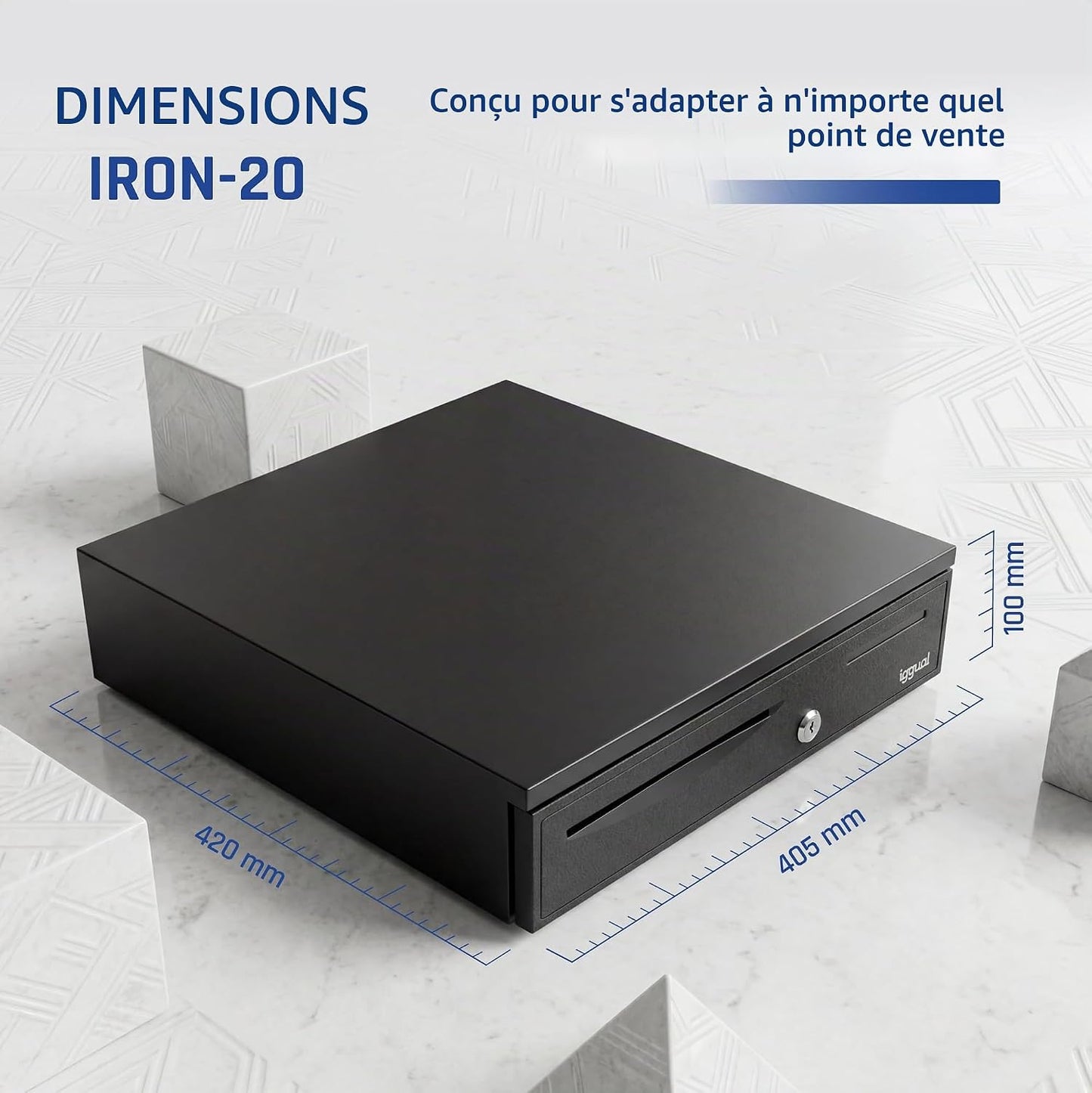 iggual IRON-20 cash tray, manual or automatic cash register RJ11 (12 V), compartment x4 banknotes and 8 pieces, 3-position lock lock, 42 x 40.5 x 10 cm, case made of
