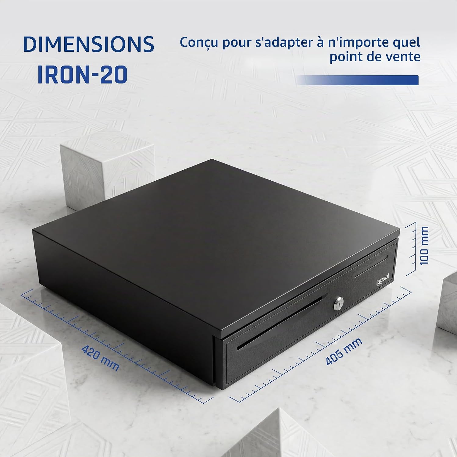 iggual IRON-20 cash tray, manual or automatic cash register RJ11 (12 V), compartment x4 banknotes and 8 pieces, 3-position lock lock, 42 x 40.5 x 10 cm, case made of