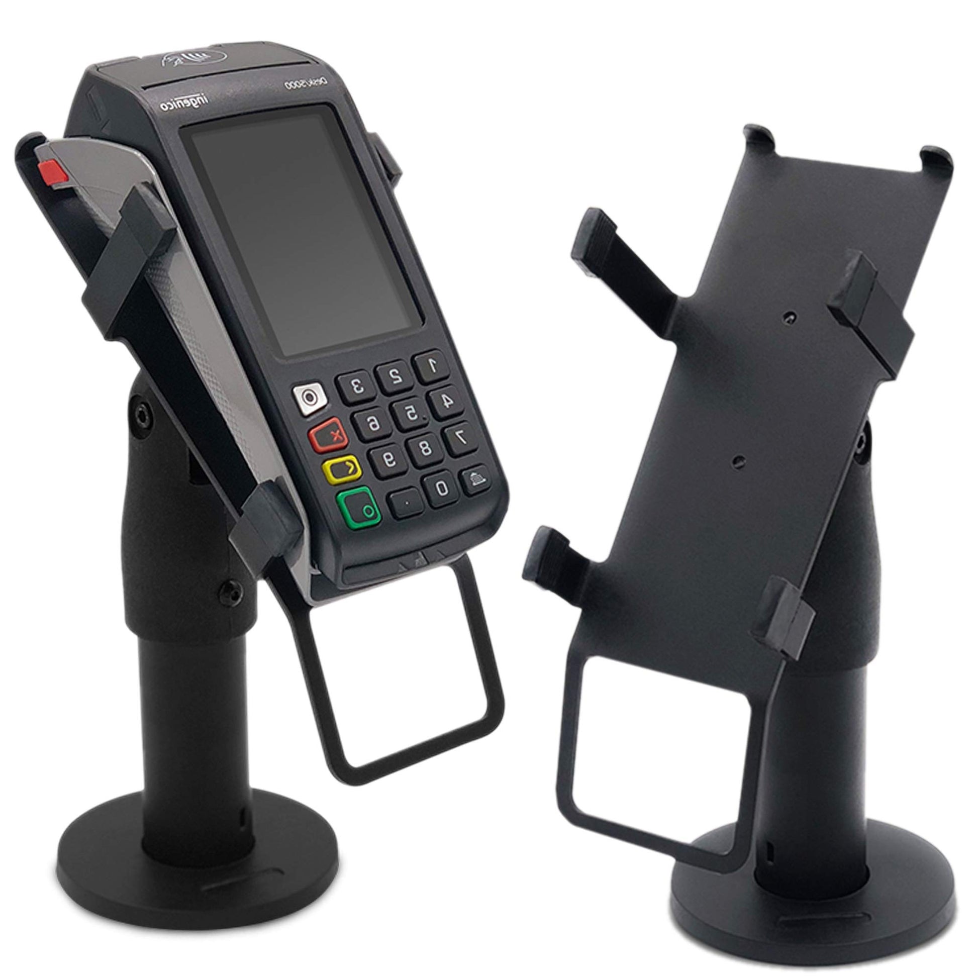 Support Ergonomique pour Terminal de Paiement POS de Comptoir - Support de Terminal de Paiement avec Poignée, Rotation à 180°, Inclinaison à 45°,Montage pour Vis ou Adhésive (UNIVERSEL)