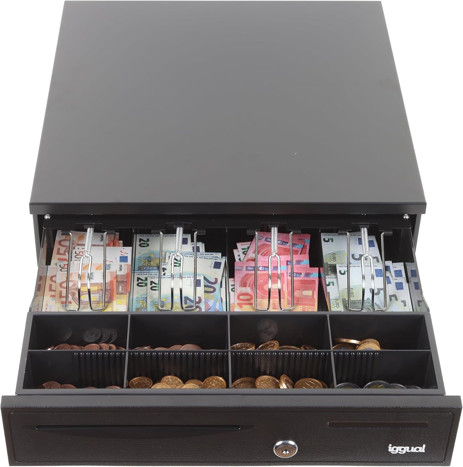 iggual IRON-20 cash tray, manual or automatic cash register RJ11 (12 V), compartment x4 banknotes and 8 pieces, 3-position lock lock, 42 x 40.5 x 10 cm, case made of