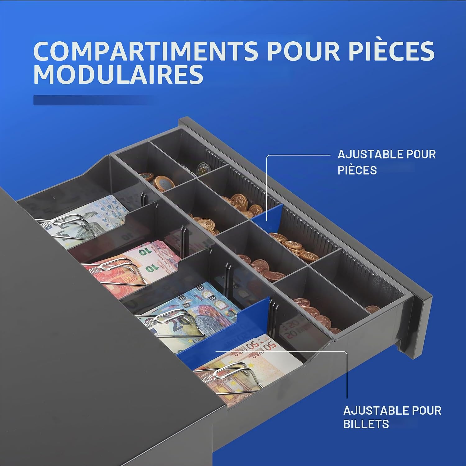 iggual IRON-20 cash tray, manual or automatic cash register RJ11 (12 V), compartment x4 banknotes and 8 pieces, 3-position lock lock, 42 x 40.5 x 10 cm, case made of