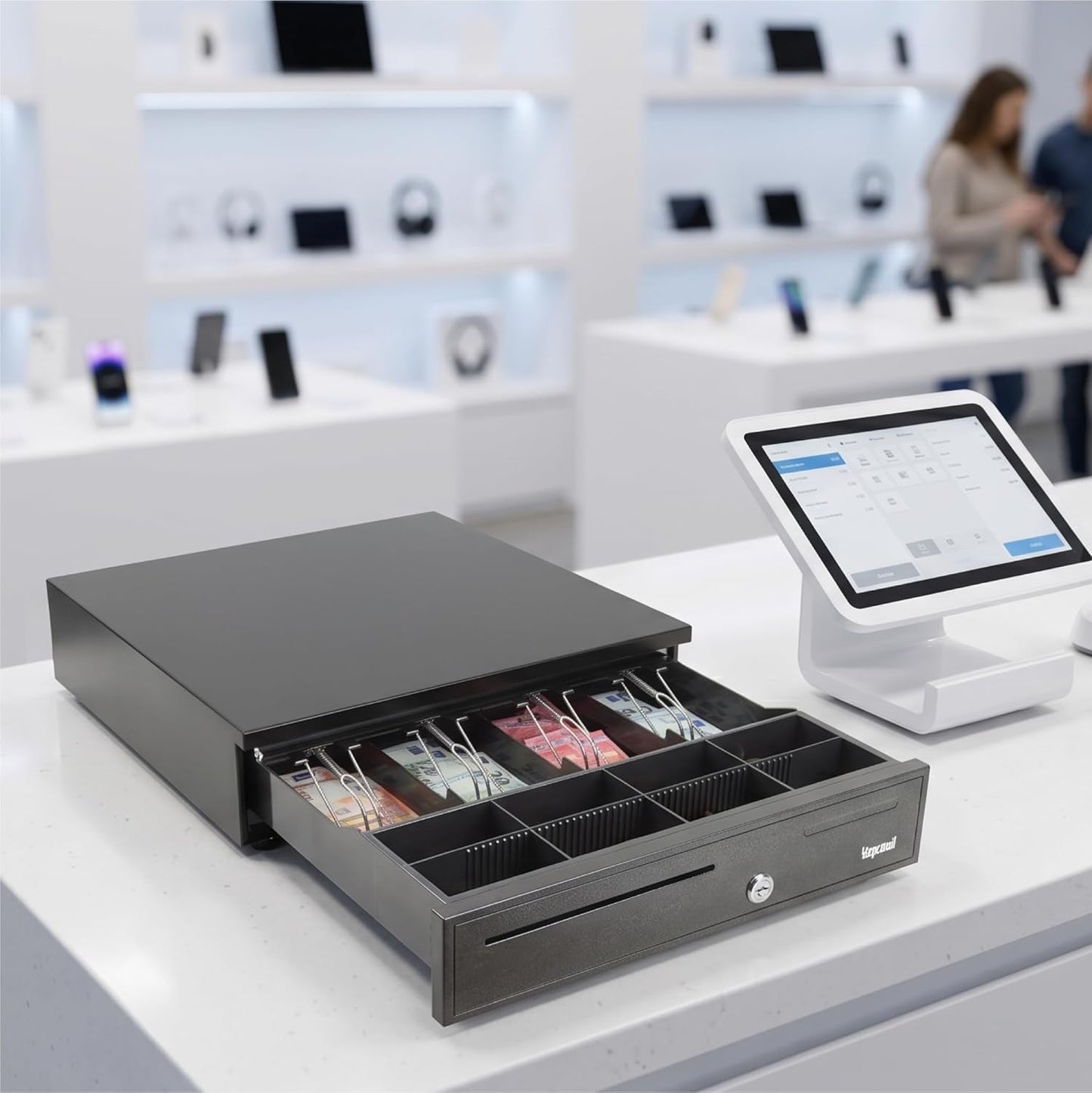 iggual IRON-20 cash tray, manual or automatic cash register RJ11 (12 V), compartment x4 banknotes and 8 pieces, 3-position lock lock, 42 x 40.5 x 10 cm, case made of