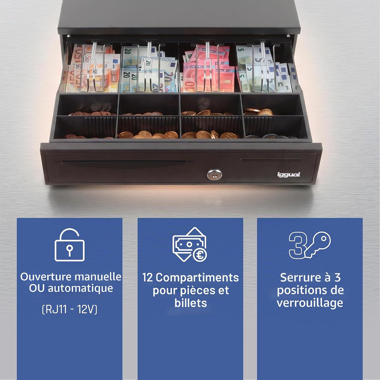 iggual IRON-20 cash tray, manual or automatic cash register RJ11 (12 V), compartment x4 banknotes and 8 pieces, 3-position lock lock, 42 x 40.5 x 10 cm, case made of