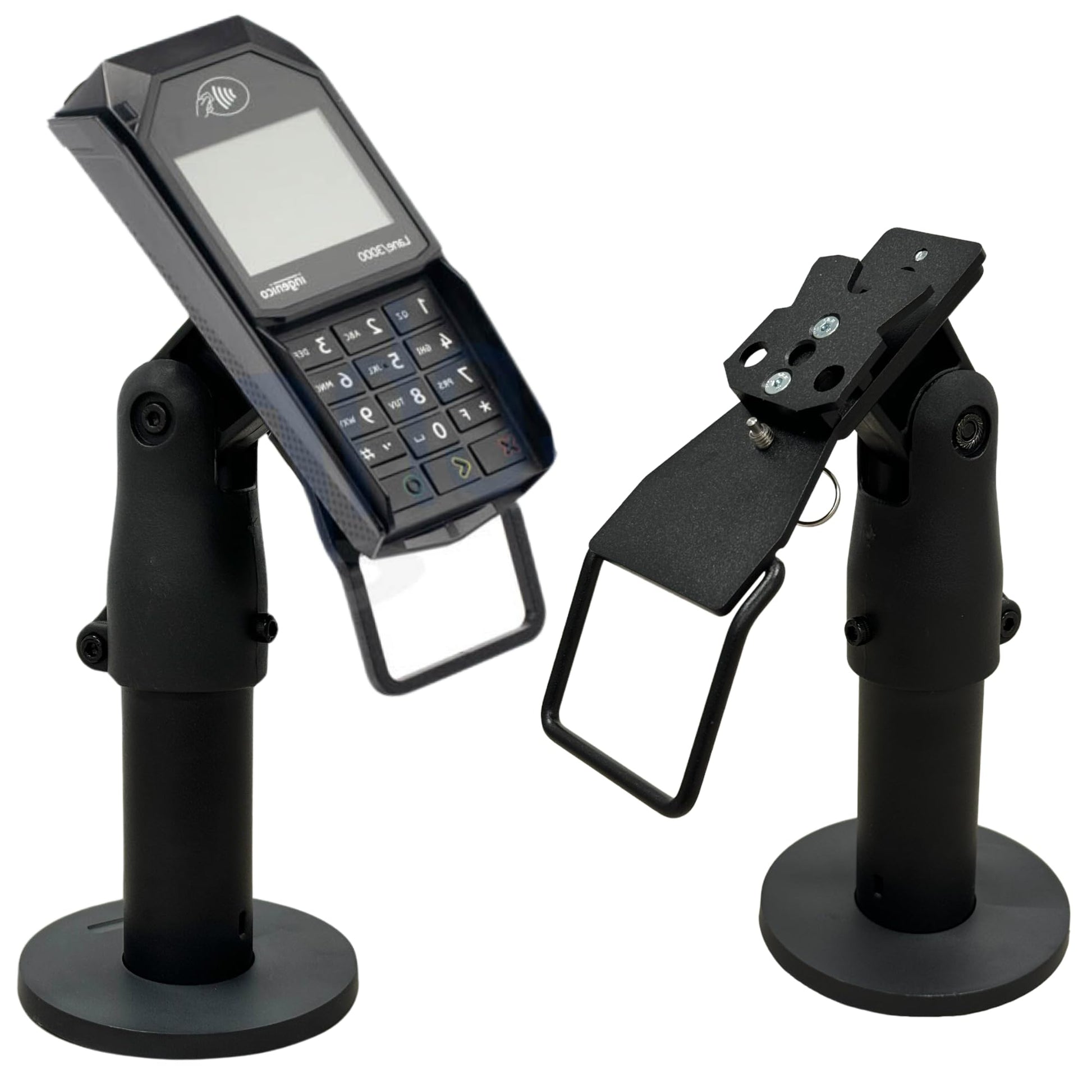 Support Ergonomique pour Terminal de Paiement POS de Comptoir - Support de Terminal de Paiement avec Poignée, Rotation à 180°, Inclinaison à 45°,Montage pour Vis ou Adhésive (UNIVERSEL)