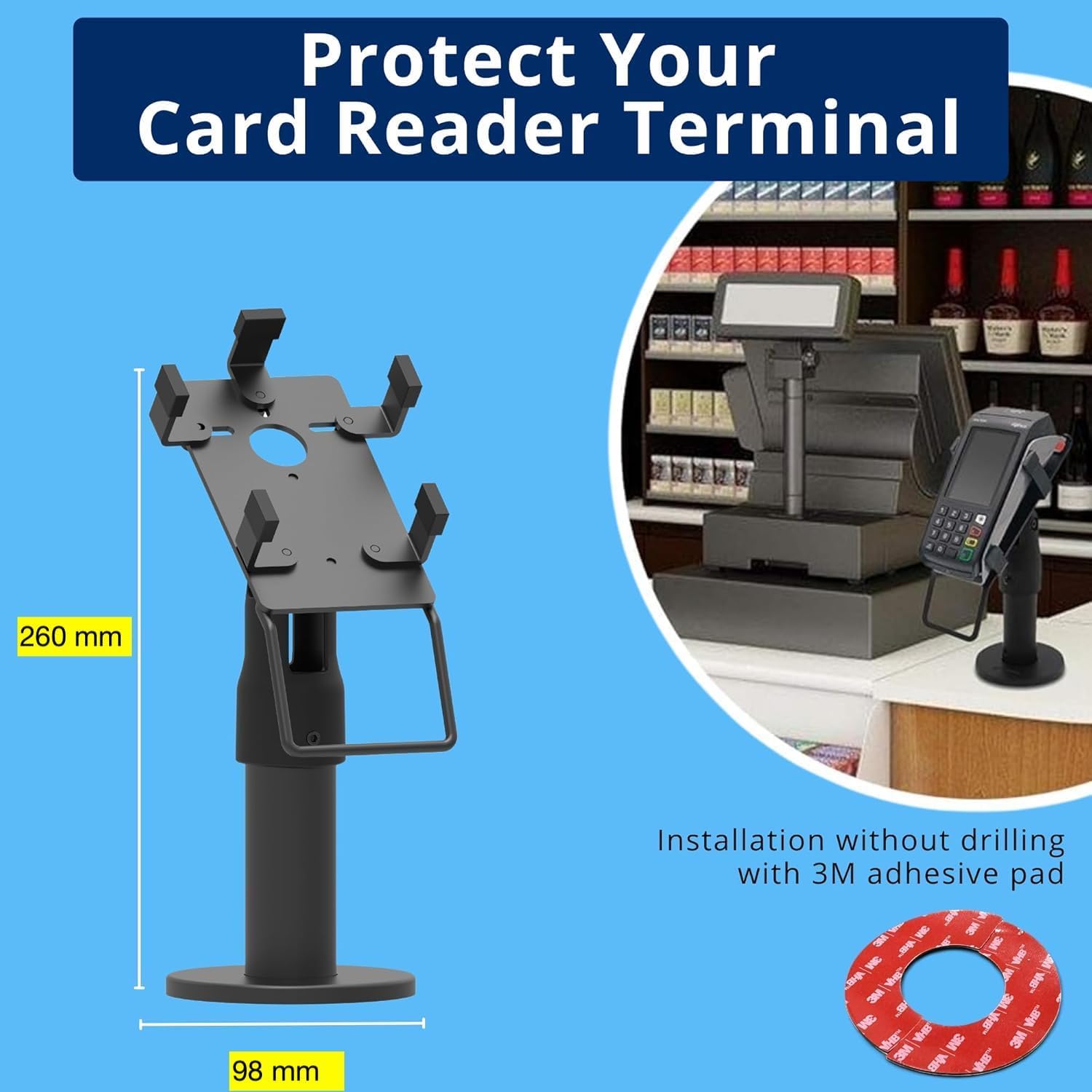 Support Ergonomique pour Terminal de Paiement POS de Comptoir - Support de Terminal de Paiement avec Poignée, Rotation à 180°, Inclinaison à 45°,Montage pour Vis ou Adhésive (UNIVERSEL)