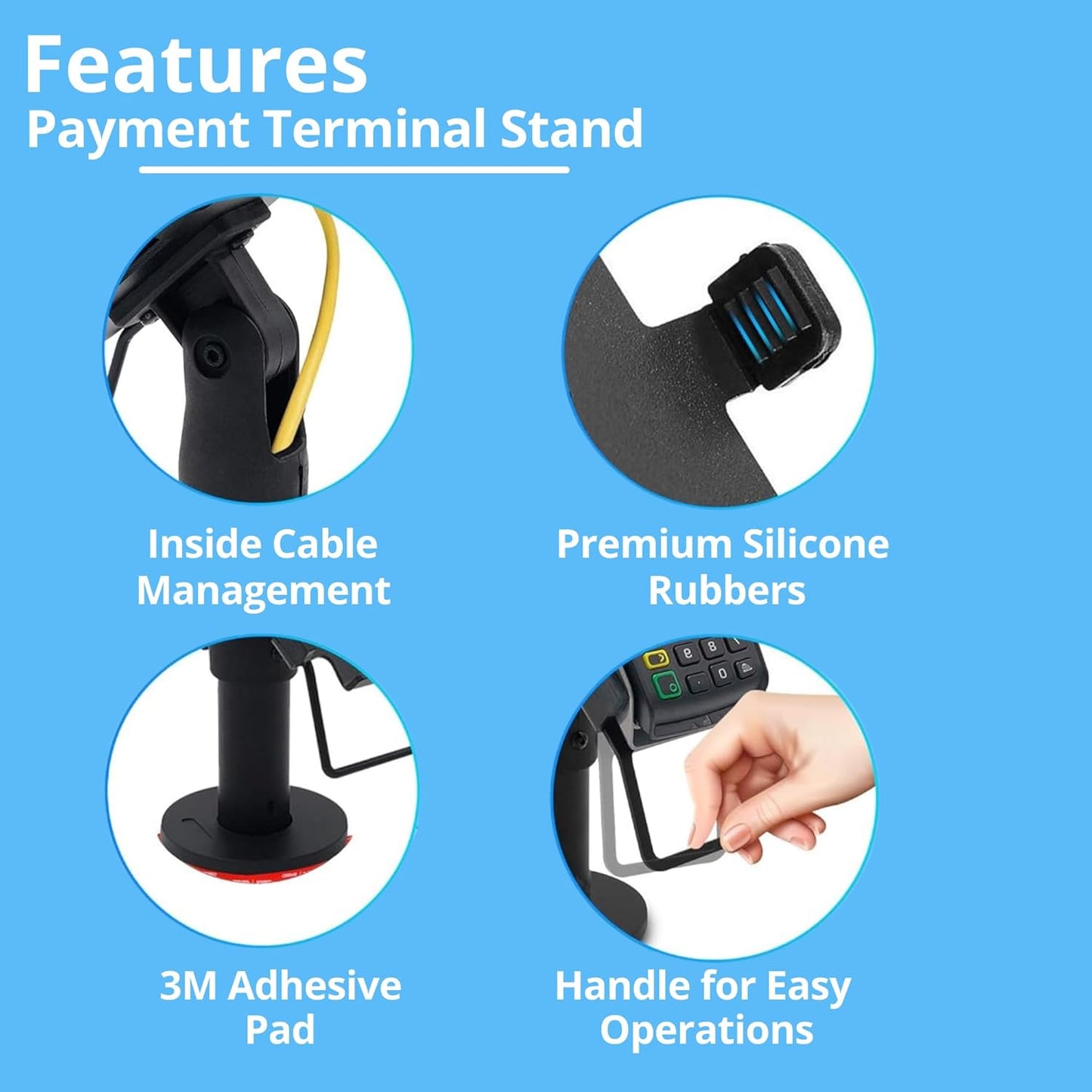 Support Ergonomique pour Terminal de Paiement POS de Comptoir - Support de Terminal de Paiement avec Poignée, Rotation à 180°, Inclinaison à 45°,Montage pour Vis ou Adhésive (UNIVERSEL)