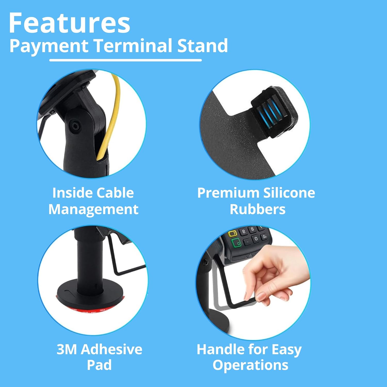 Support Ergonomique pour Terminal de Paiement POS de Comptoir - Support de Terminal de Paiement avec Poignée, Rotation à 180°, Inclinaison à 45°,Montage pour Vis ou Adhésive (UNIVERSEL)