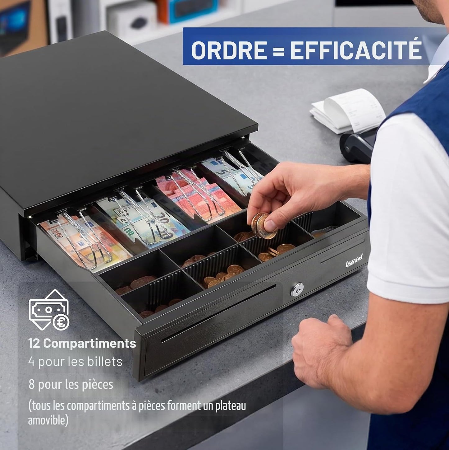 iggual IRON-20 cash tray, manual or automatic cash register RJ11 (12 V), compartment x4 banknotes and 8 pieces, 3-position lock lock, 42 x 40.5 x 10 cm, case made of