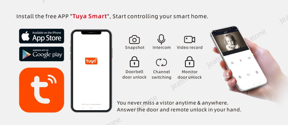 Jeatone Tuya 7 pouces WiFi interphone vidéo sans fil interphone avec caméra oculaire de détection automatique 1080P pour maison appartement extérieur