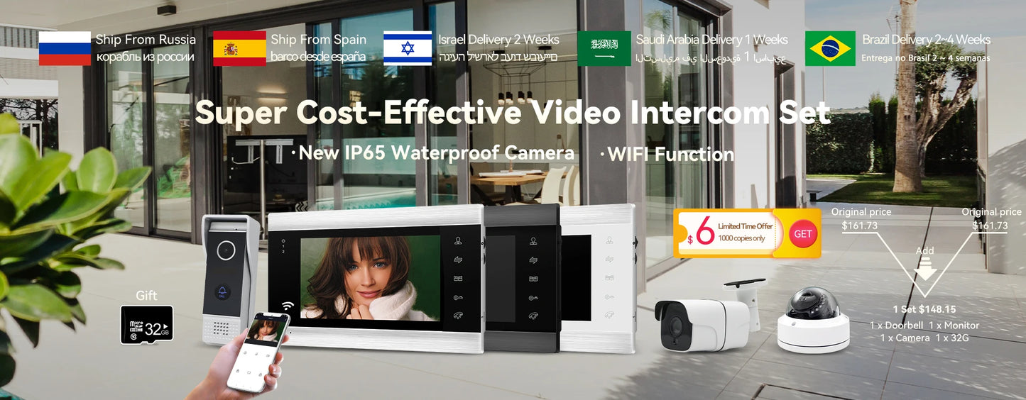 Jeatone Tuya 7 pouces WiFi interphone vidéo sans fil interphone avec caméra oculaire de détection automatique 1080P pour maison appartement extérieur