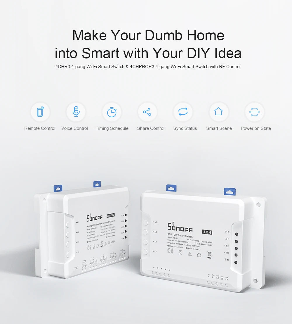 Sonoff 4CH Pro R3 10A /Gang 4 canaux Wifi commutateur intelligent 433 MHZ RF commutateur de lumières Wifi à distance prend en charge 4 appareils fonctionne avec Alexa