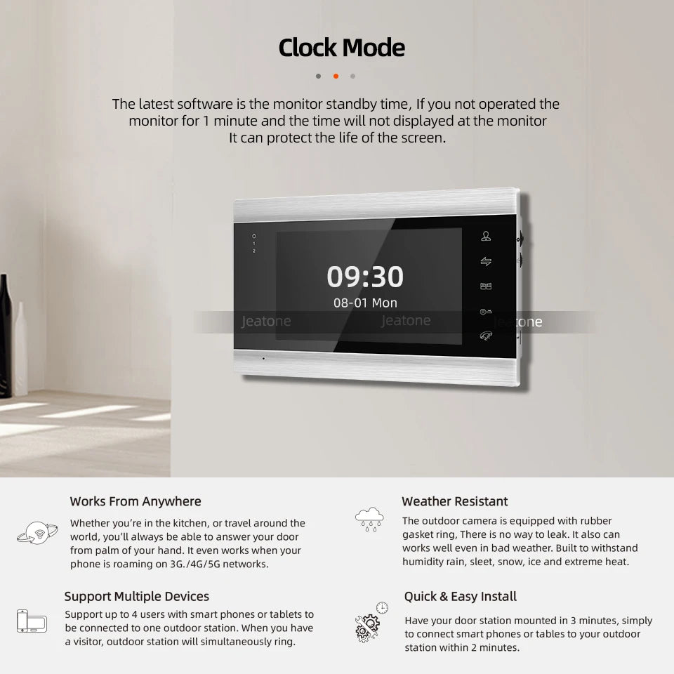 Jeatone Tuya 7 pouces WiFi interphone vidéo sans fil interphone avec caméra oculaire de détection automatique 1080P pour maison appartement extérieur