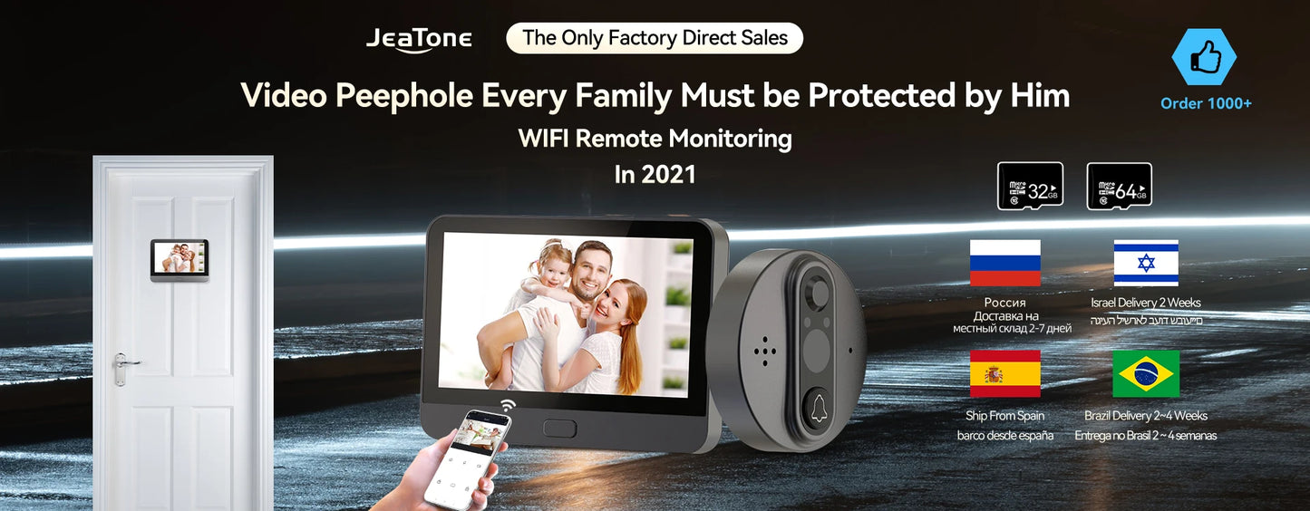 Jeatone Tuya 7 pouces WiFi interphone vidéo sans fil interphone avec caméra oculaire de détection automatique 1080P pour maison appartement extérieur