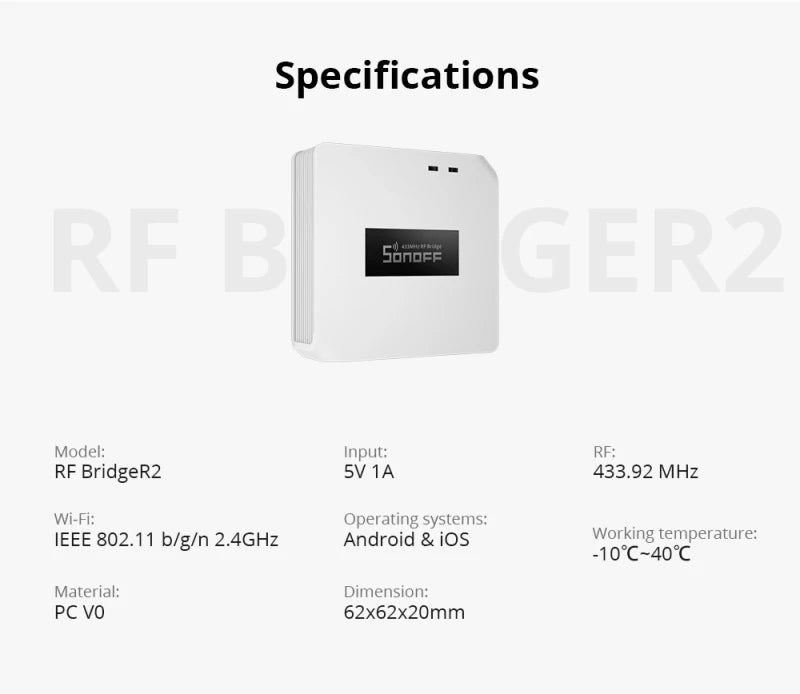 SONOFF RF Bridge R2 433MHz RF Wi-Fi passerelle sans fil scène intelligente prise en charge de la sécurité à domicile capteur DW2-RF PIR3-RF via eWeLink Alexa
