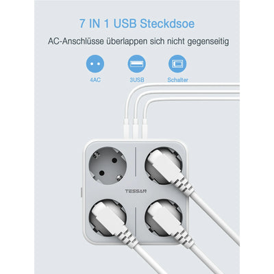 TESSAN multiprise à prises murales multiples avec 4 prises ca et 3 Ports USB adaptateur 7 en 1 protection contre les surcharges pour le bureau à domicile