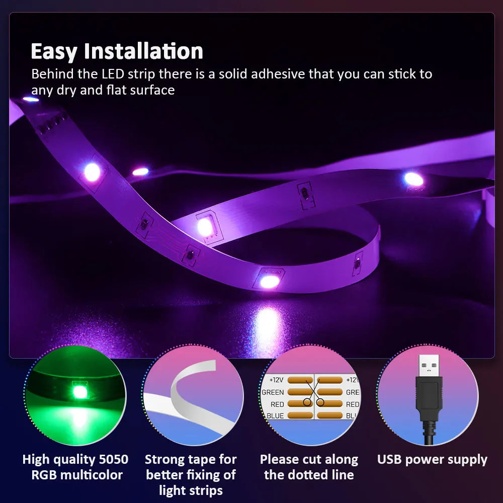 TurnRGB-Bande lumineuse LED avec télécommande à 24 touches, 10m, diviseur de musique, proxy, SMD5050, TV, PC, maison