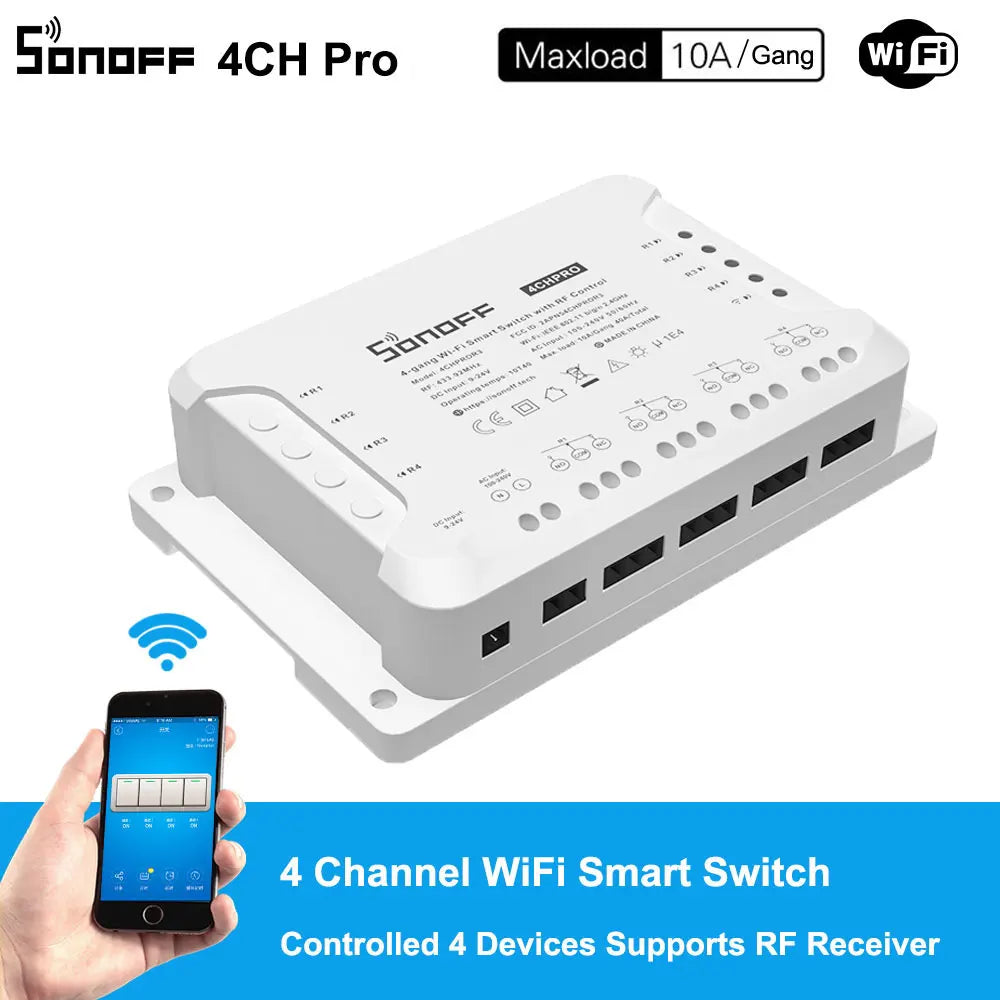 Sonoff 4CH Pro R3 10A /Gang 4 canaux Wifi commutateur intelligent 433 MHZ RF commutateur de lumières Wifi à distance prend en charge 4 appareils fonctionne avec Alexa