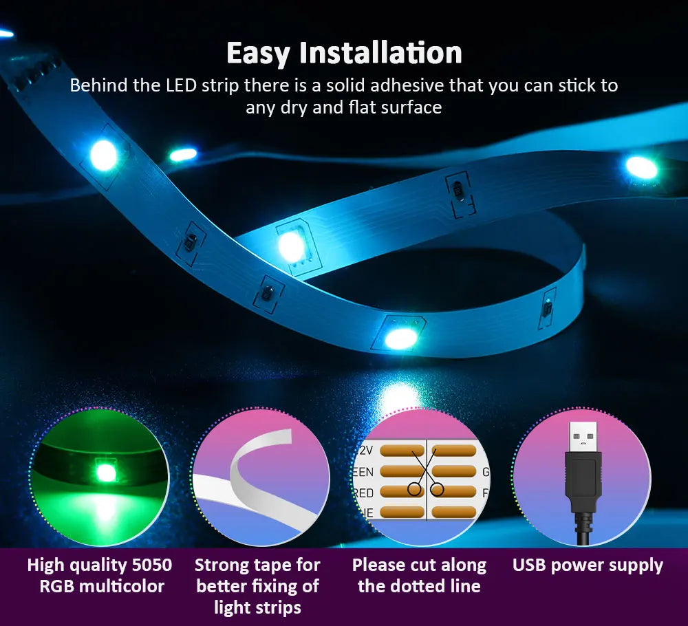 TurnRGB-Bande lumineuse LED avec télécommande à 24 touches, 10m, diviseur de musique, proxy, SMD5050, TV, PC, maison