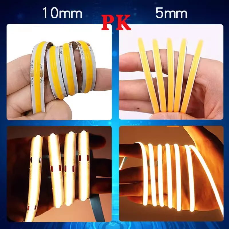 Bande lumineuse CCT COB flexible à intensité variable, ultra fine, DC24V, 5mm, 608 LED/m, 2700-6500K, Densité LED, Éclairage décoratif, Bande de chambre LED