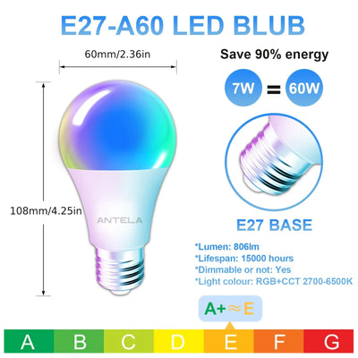 Alexa inda Wifi LED, Ampoule intelligente RVB, Sophblewith Alexa et Google Home, App lonely, 7 W, 806 LMDmmable, 2700k-6500k