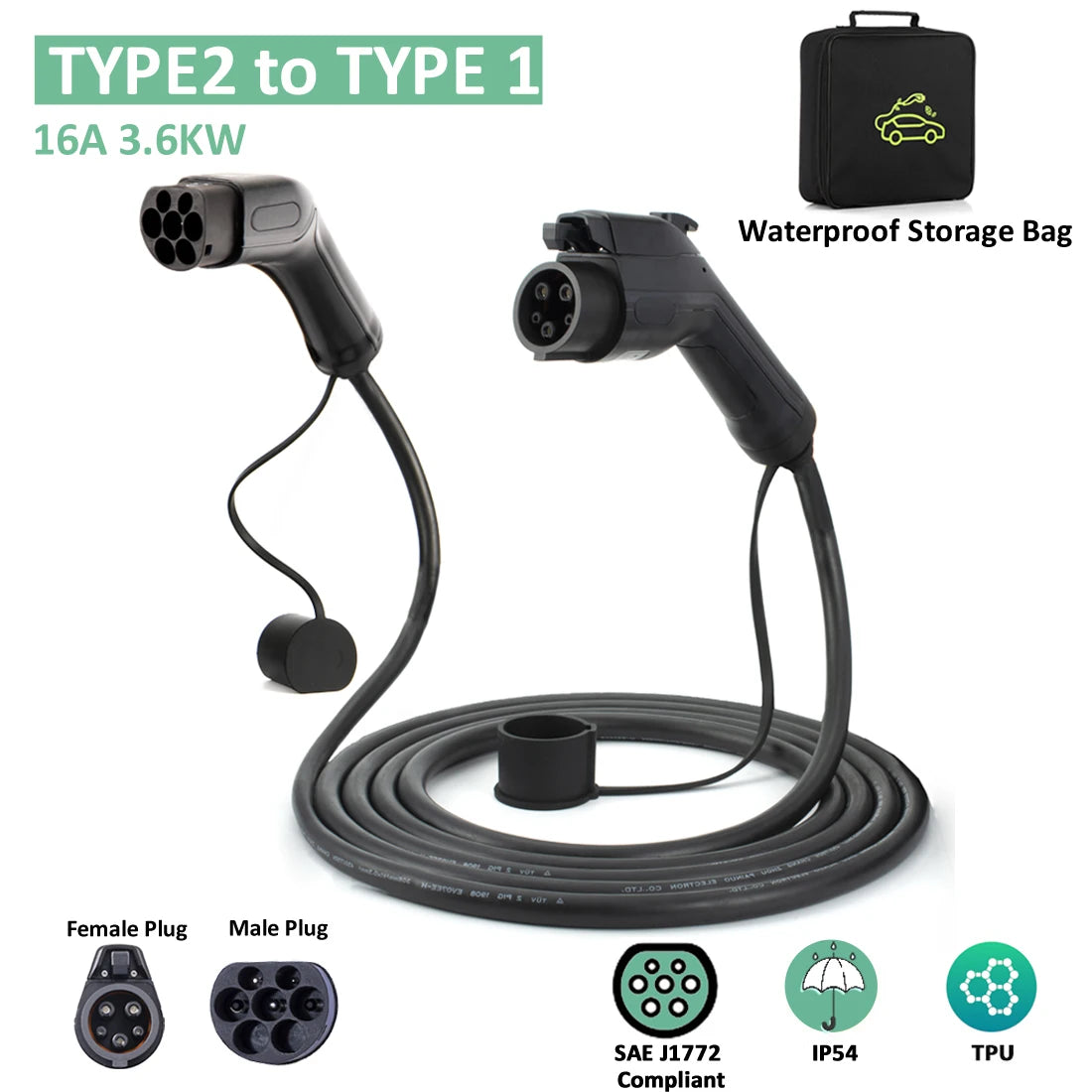 Câble de charge mâle vers femelle pour voiture électrique, station de charge, sac de rangement, type 2 à type 1, 32A, 7KW EV, 5 mètres