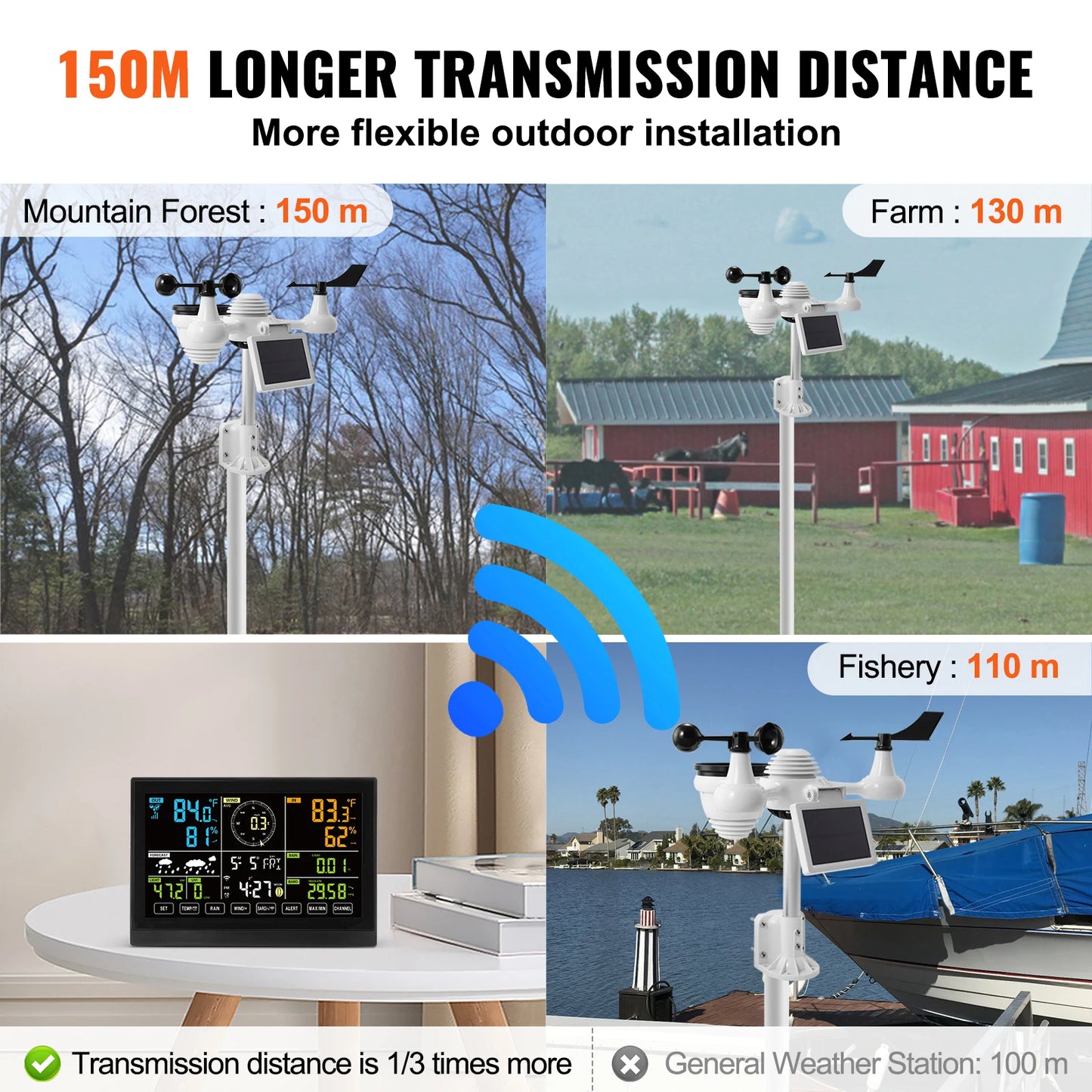 VEVOR Station Météo Wifi 7 en 1 Station Météo Sans Fil Intérieur Extérieur Solaire Grand Écran Couleur 7,5 po Station Météo Numérique Capteur pour Température Humidité Vitesse Direction de Vent Pluie