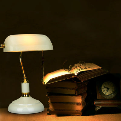 FIRVRE Blanc Lampe de Bureau en Verre pour Banquier avec Pied Blanc Lampe de Table avec Interrupteur à Chaîne à Tirer pour Burea