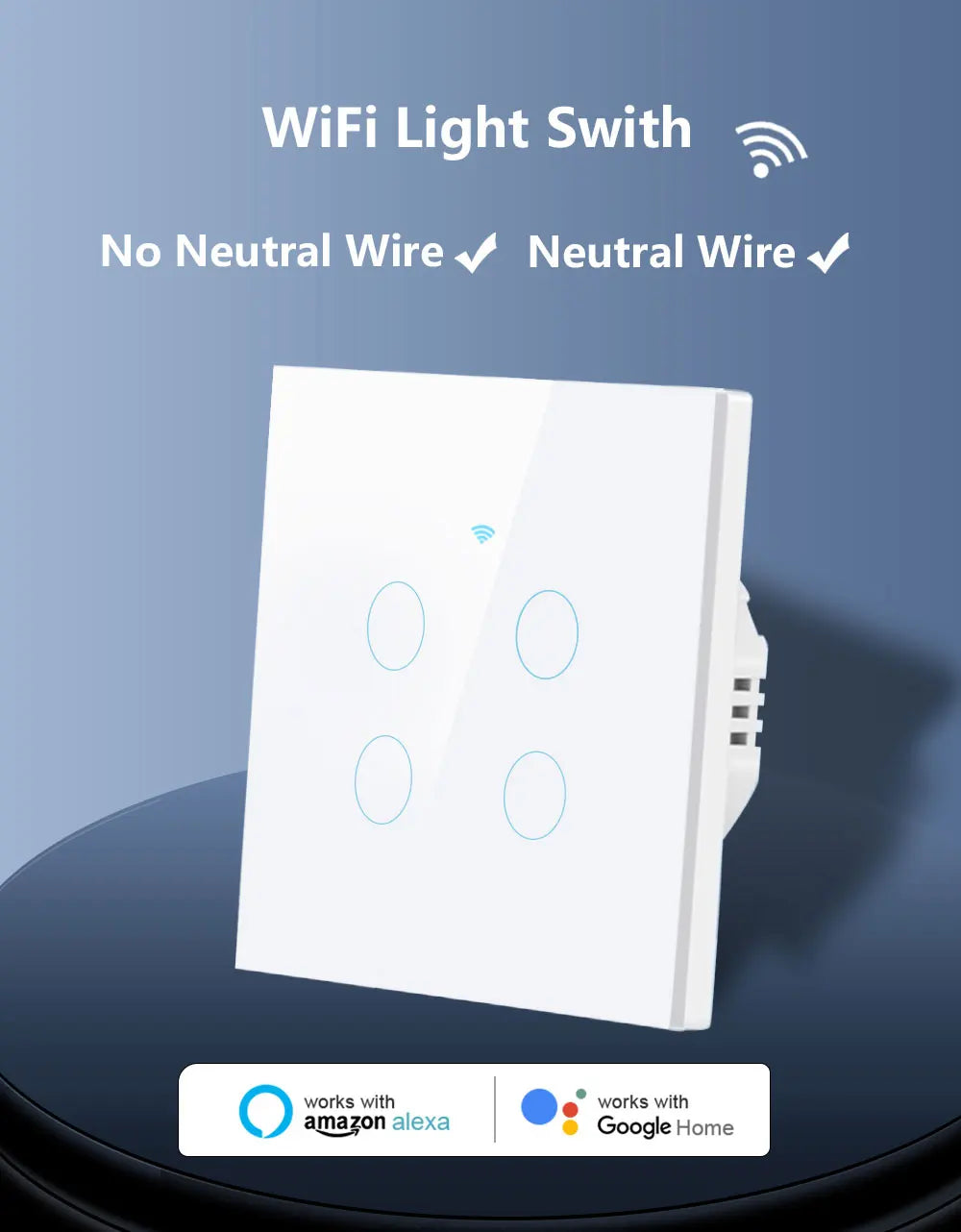 Tuya – interrupteur intelligent WiFi, fil neutre, lumière ue, aucun fil neutre requis, interrupteur tactile mural, 1/2/3/4 gangs, fonctionne avec Alexa Google Home