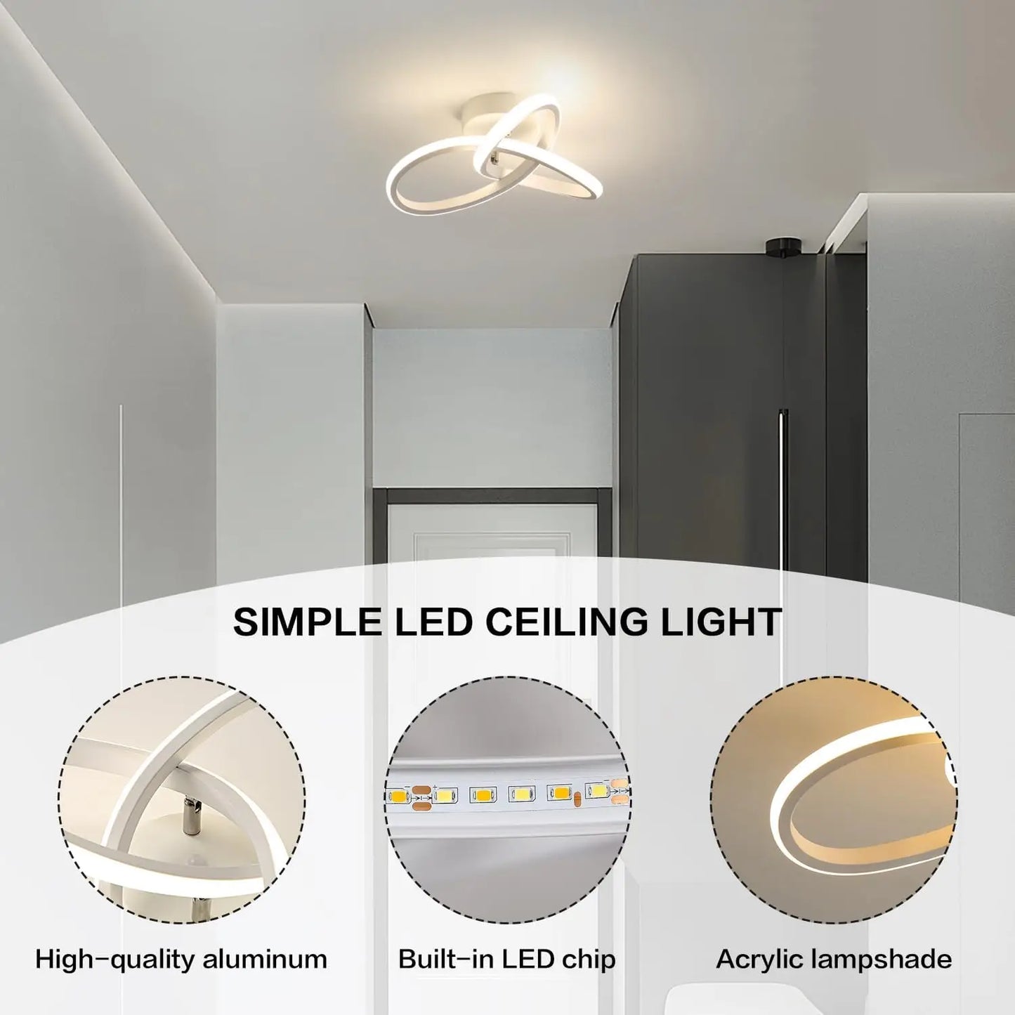 Plafonnier LED, plafonnier moderne 20W 2200LM plafonnier blanc pour cuisine, couloir, chambre à coucher, commande d'interrupteur