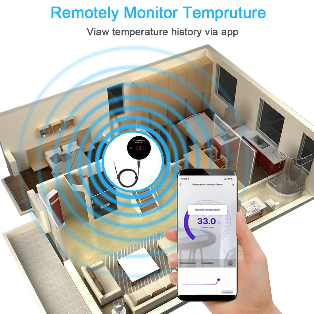 Haozee Tuya Thermomètre WIFI intelligent avec sonde de température externe Charge USB ou batterie rechargeable