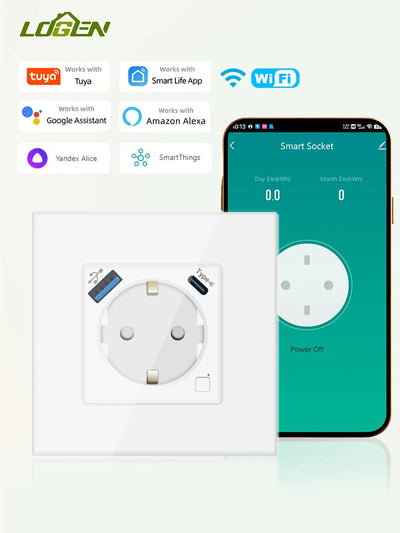 LOGEN Wifi prises intelligentes type-c USB 220V fonctionne avec Tuya vie intelligente Google Assistant Amazon Alexa Yandex Alice prise ue