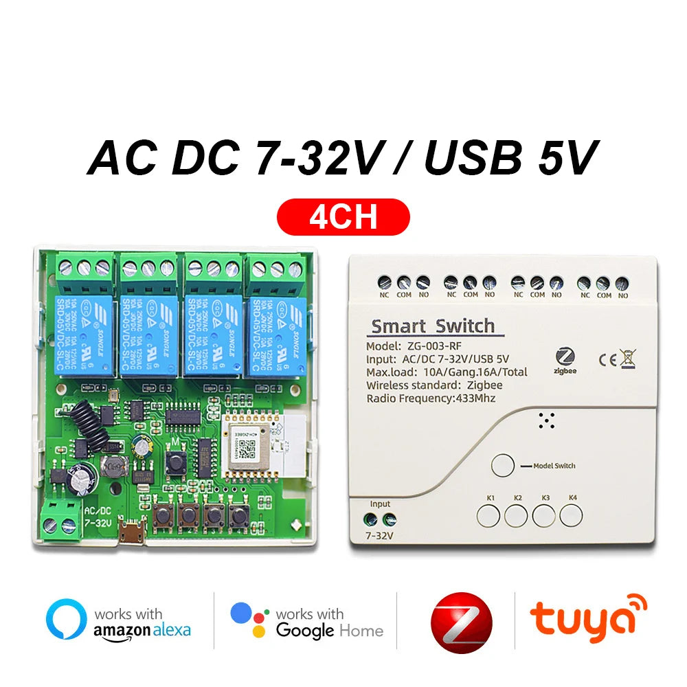 Contact sec Tuya commutateur intelligent Zigbee 1 2 4 canaux Zigbee Din Rail relais carte Module deux canaux RF 433 relais 12V 24V 230V