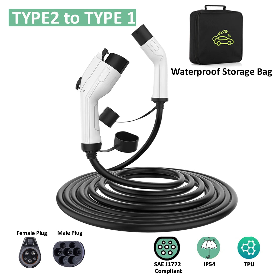 Câble de charge mâle vers femelle pour voiture électrique, station de charge, sac de rangement, type 2 à type 1, 32A, 7KW EV, 5 mètres