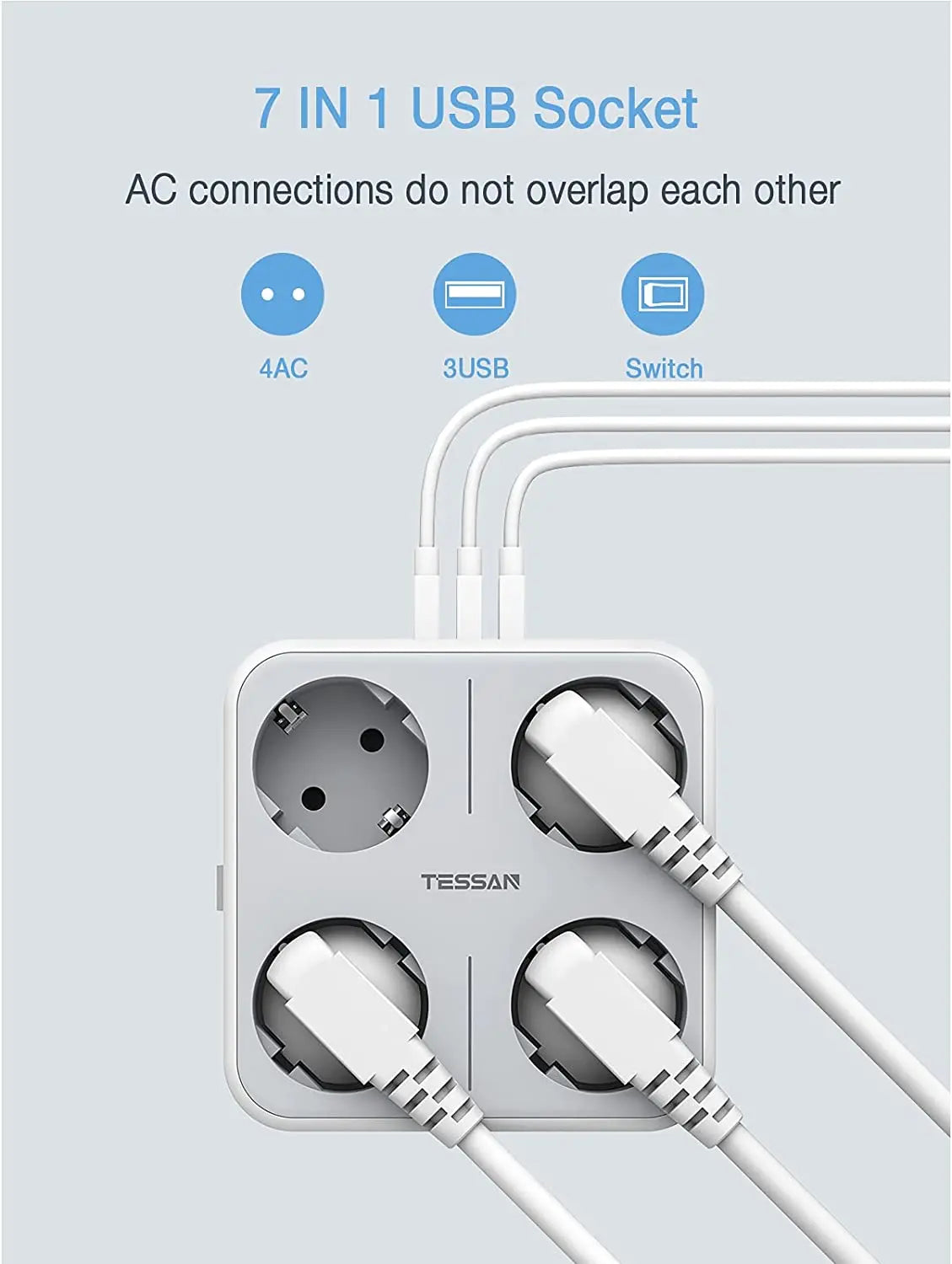 TESSAN multiprise à prises murales multiples avec 4 prises ca et 3 Ports USB adaptateur 7 en 1 protection contre les surcharges pour le bureau à domicile