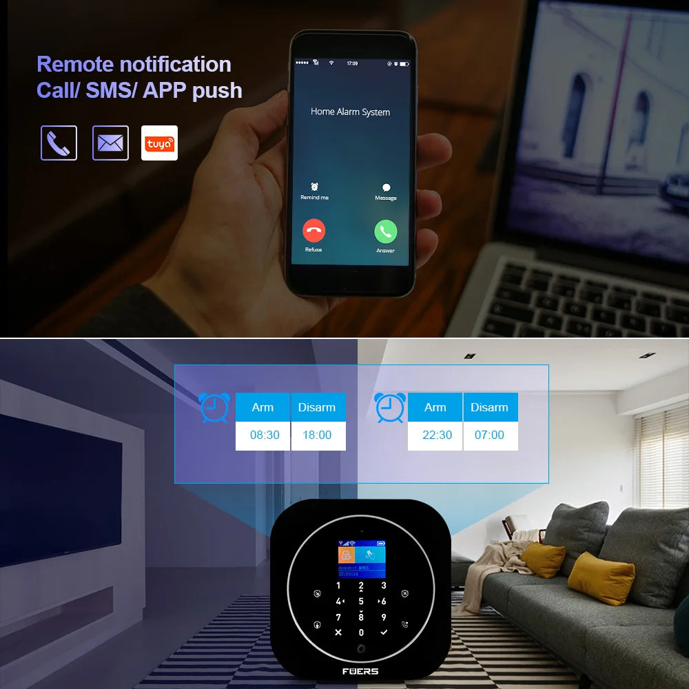 FUERS G12 Tuya WiFi GSM système d'alarme de sécurité sans fil maison affaires alarme antivol avec sirène RFID détecteur de mouvement capteur de fumée