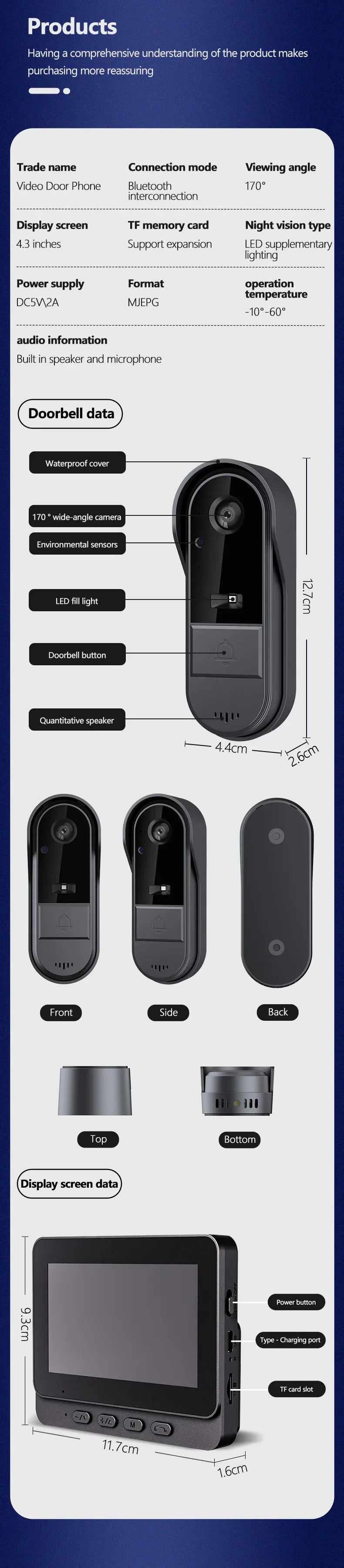 Sonnette d'interphone sans fil avec vision nocturne HD, écran IPS 4,3 pouces, caméra de sonnette visuelle étanche, sécurité domestique intelligente, vidéo par sonnette