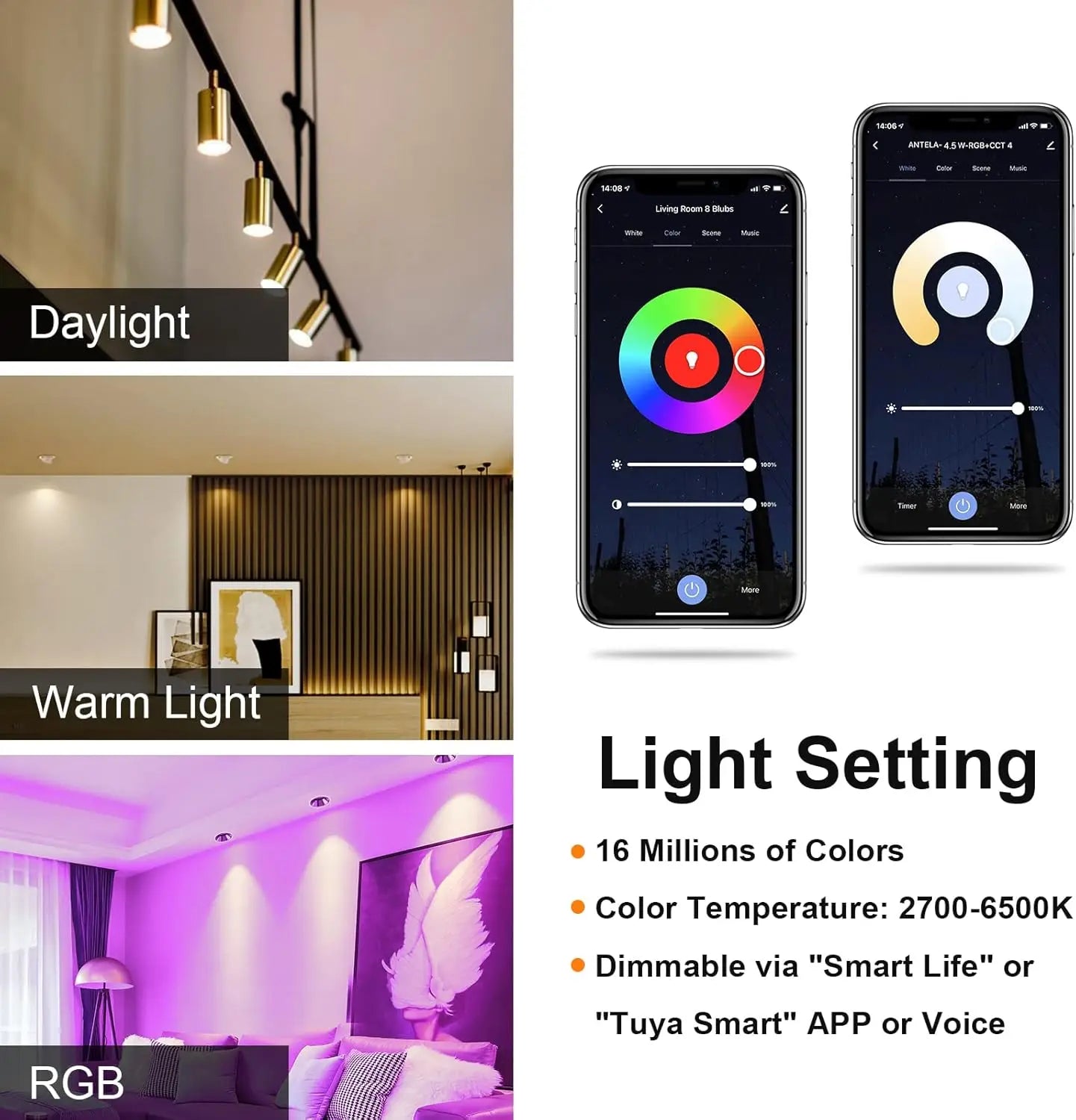 Ampoule réfléchissante Alexa, 4.5W, 350LM, ampoules intelligentes multicolores, contrôle d'application, compatible avec Alexa, Google Home, RVB et 2700K-6500K